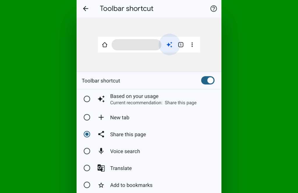 Chrome Android settings: Toolbar shortcut options