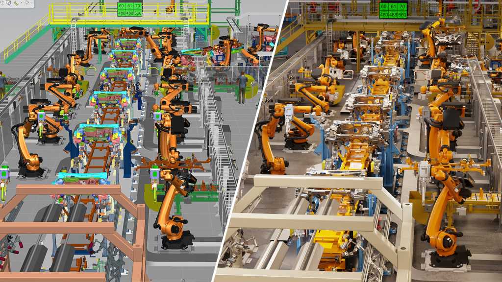 A rendering of an industrial production line from Siemens Process Simulate (left) enhanced by Nvidia Omniverse (right) to create a full-design-fidelity, photorealistic, real-time digital twin.