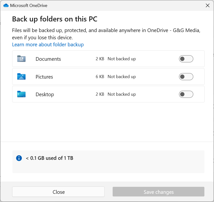 onedrive back up folders on this pc screen