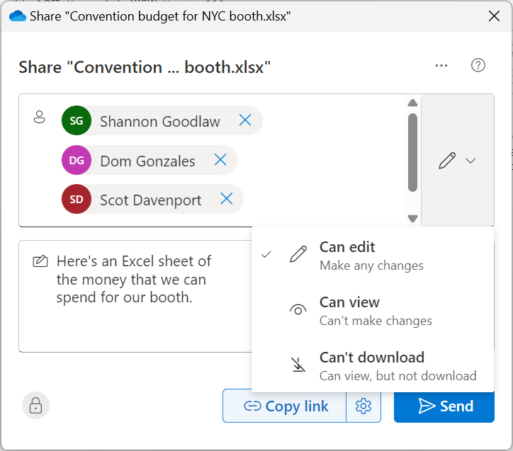 onedrive share pane with invitees and access permissions visible