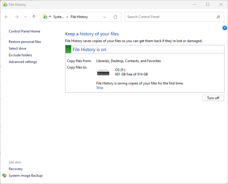 turn on file history in windows 11